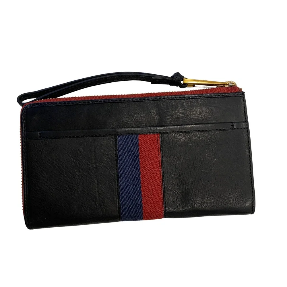 Margot New York Black Leather Wristlet Wallet Red Blue Stripe Gold Hardware EUC